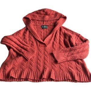 American Eagle Outfitters L Burnt Orange Hooded Knit Sweater Long Sleeve V Neck